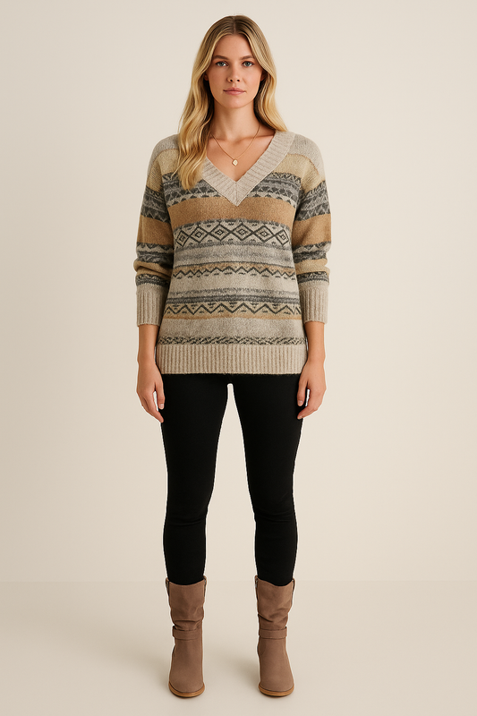 V-Neck Color Block Sweater – Chevron Pattern – Relaxed Fit – Ribbed Trim