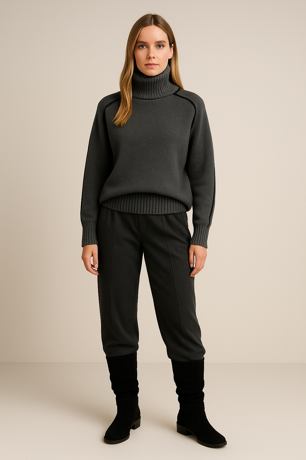 Oversized Turtleneck Sweater Contrast Trim Knit