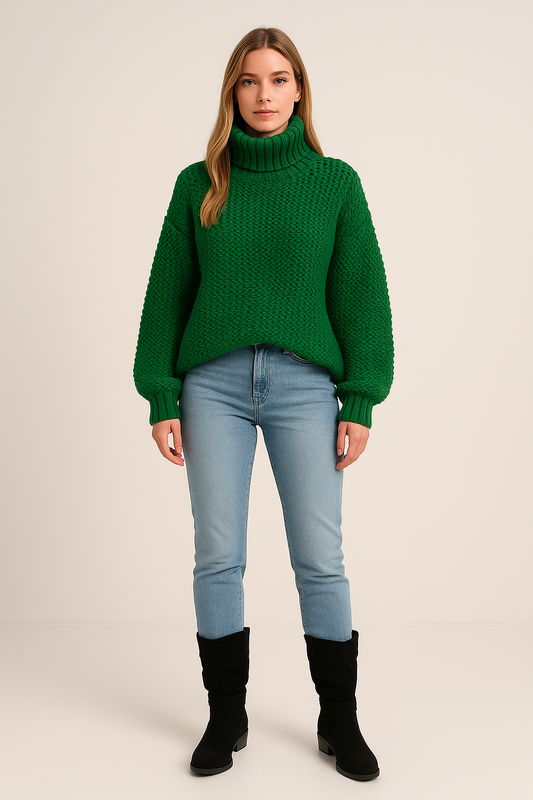 Chunky Knit Turtleneck Jumper – Oversized Fit – Thick Knit – Long Sleeve