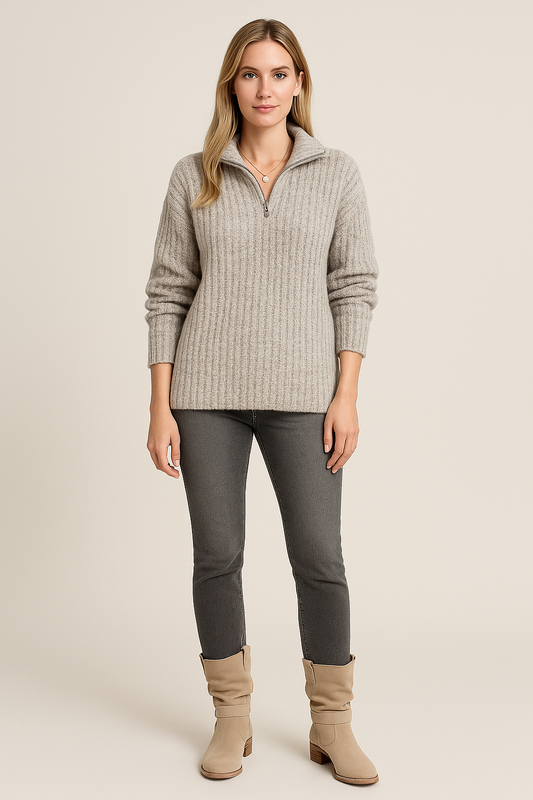 Textured Half-Zip Jumper – Relaxed Fit – Long Sleeve – Stand Collar