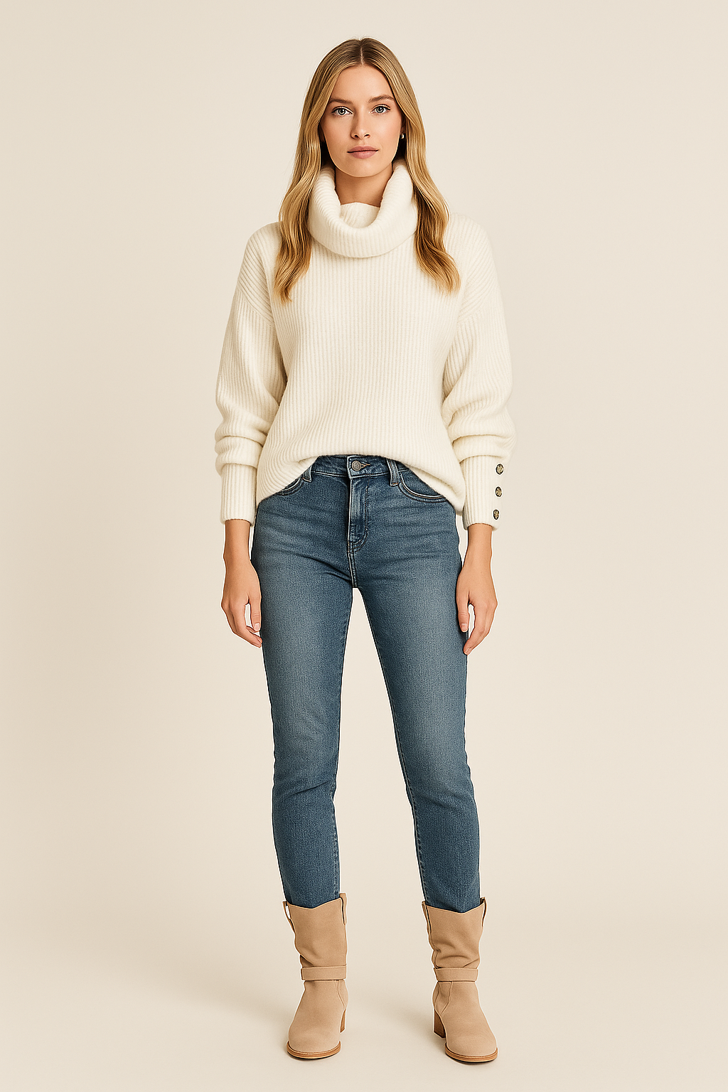 Turtleneck Jumper – Button Sleeve Detail – Relaxed Fit – Knit Texture