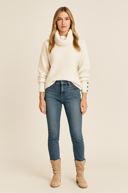 Turtleneck Jumper – Button Sleeve Detail – Relaxed Fit – Knit Texture