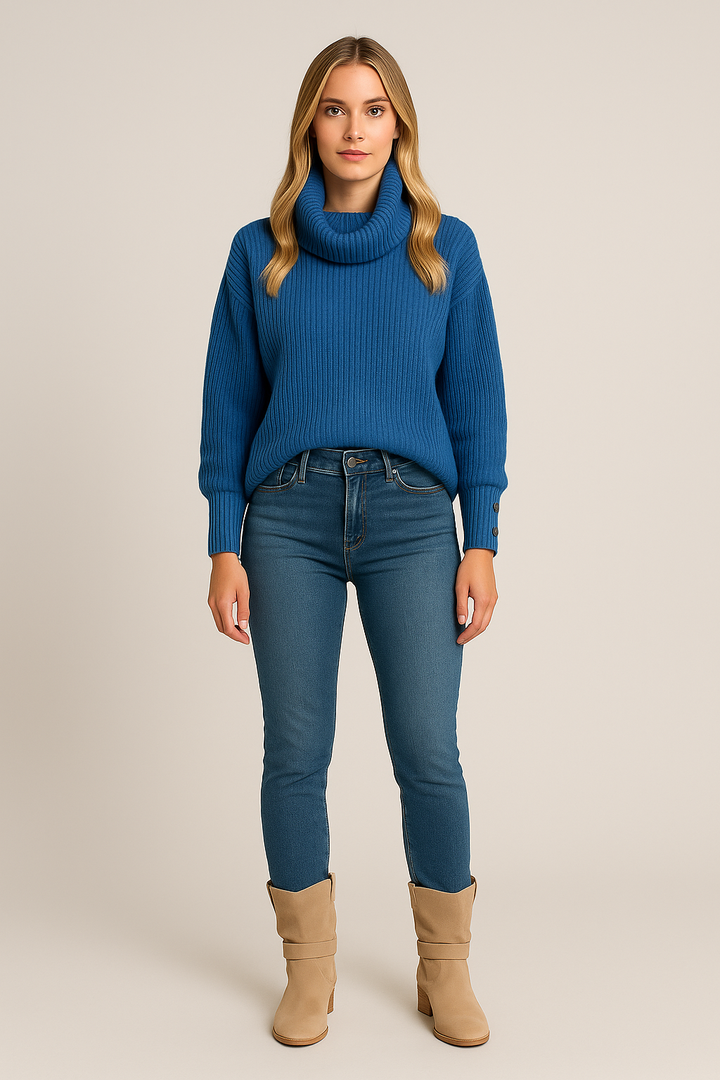 Turtleneck Jumper – Button Sleeve Detail – Relaxed Fit – Knit Texture