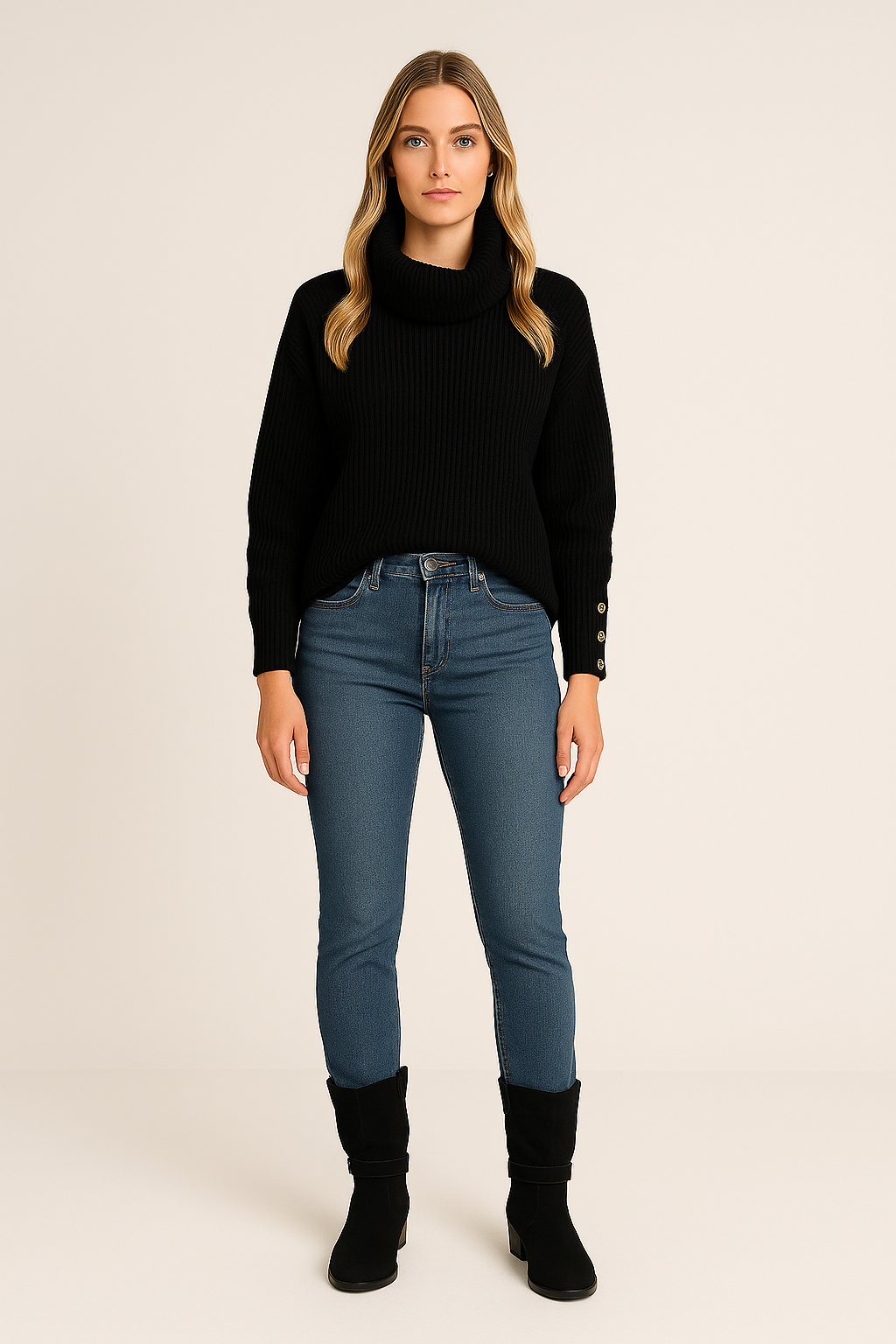 Turtleneck Jumper – Button Sleeve Detail – Relaxed Fit – Knit Texture