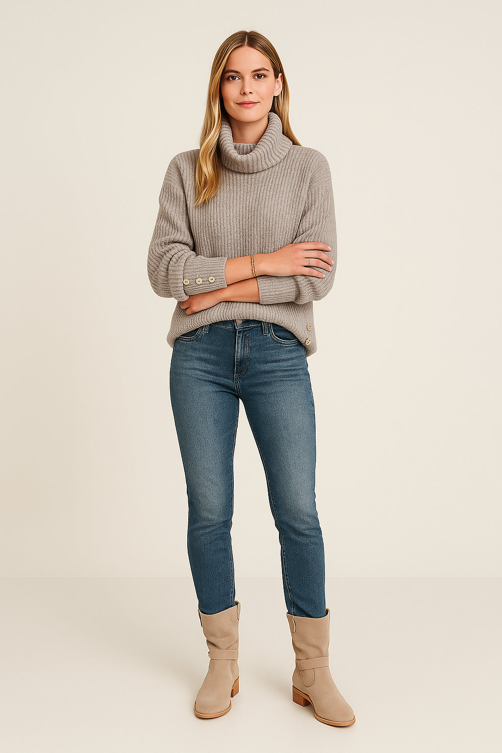 Turtleneck Jumper – Button Sleeve Detail – Relaxed Fit – Knit Texture