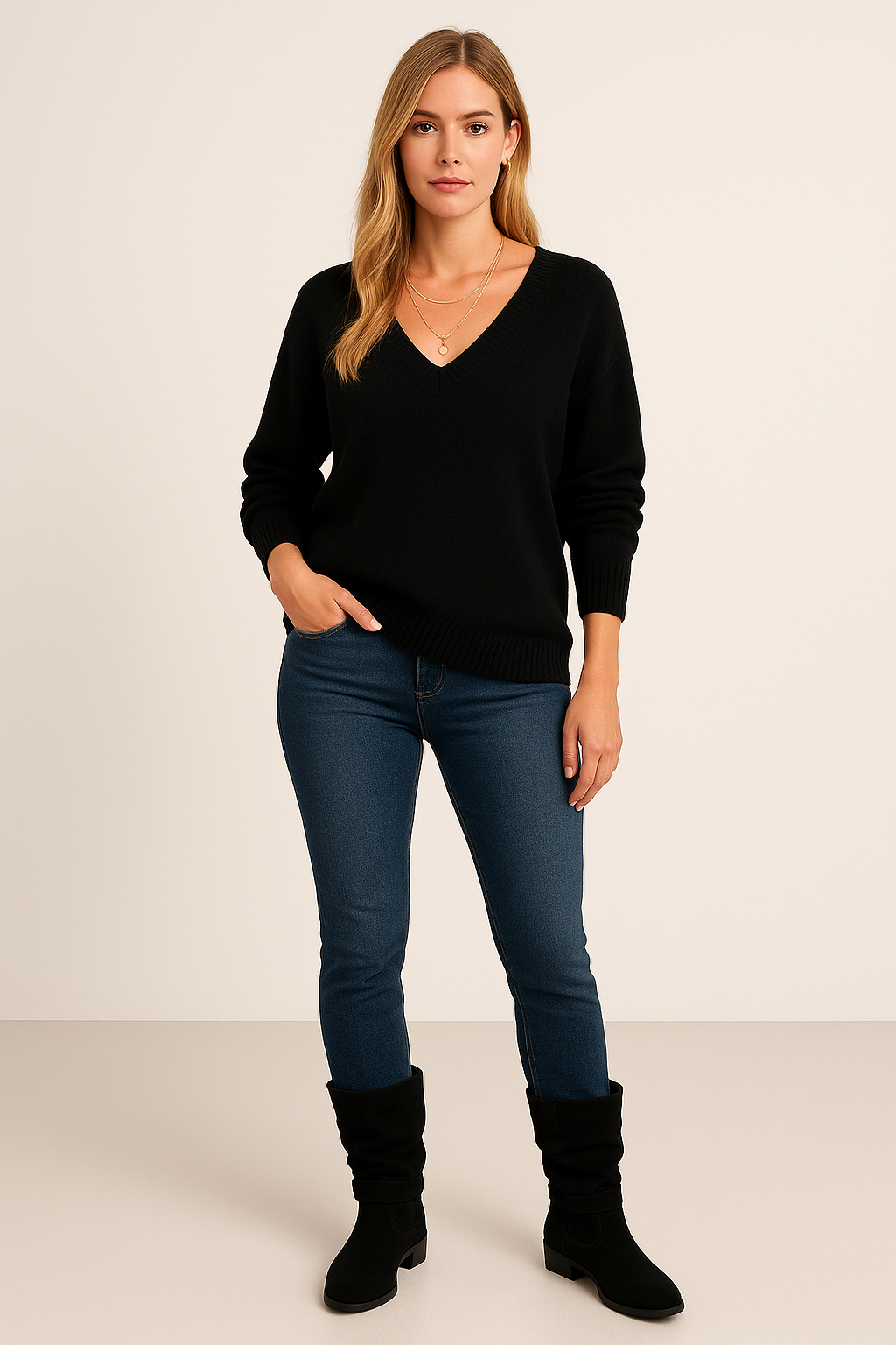 V-Neck Jumper – Textured Knit – Relaxed Fit – Long Sleeves