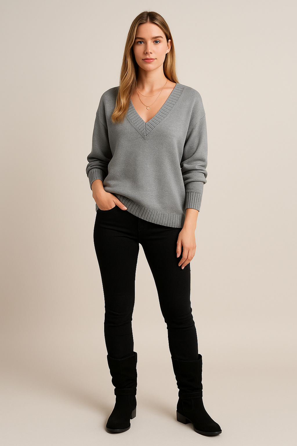 V-Neck Jumper – Textured Knit – Relaxed Fit – Long Sleeves