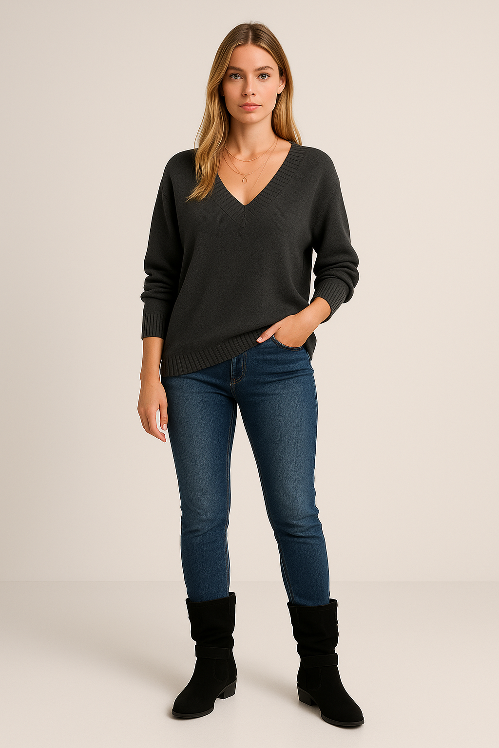 V-Neck Jumper – Textured Knit – Relaxed Fit – Long Sleeves
