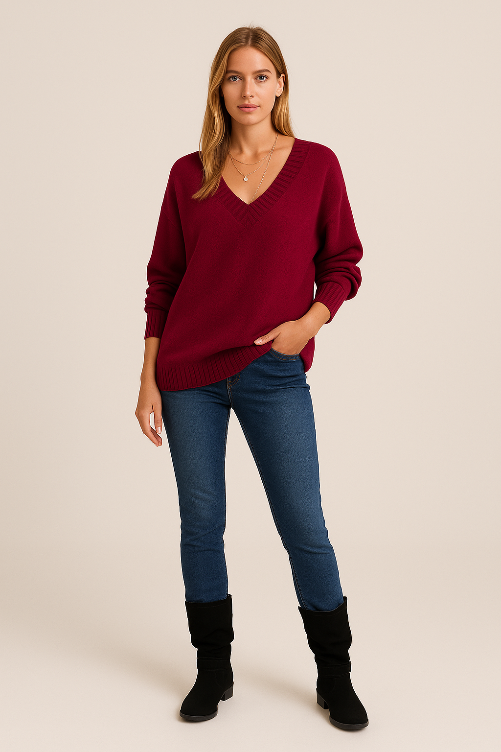 V-Neck Jumper – Textured Knit – Relaxed Fit – Long Sleeves
