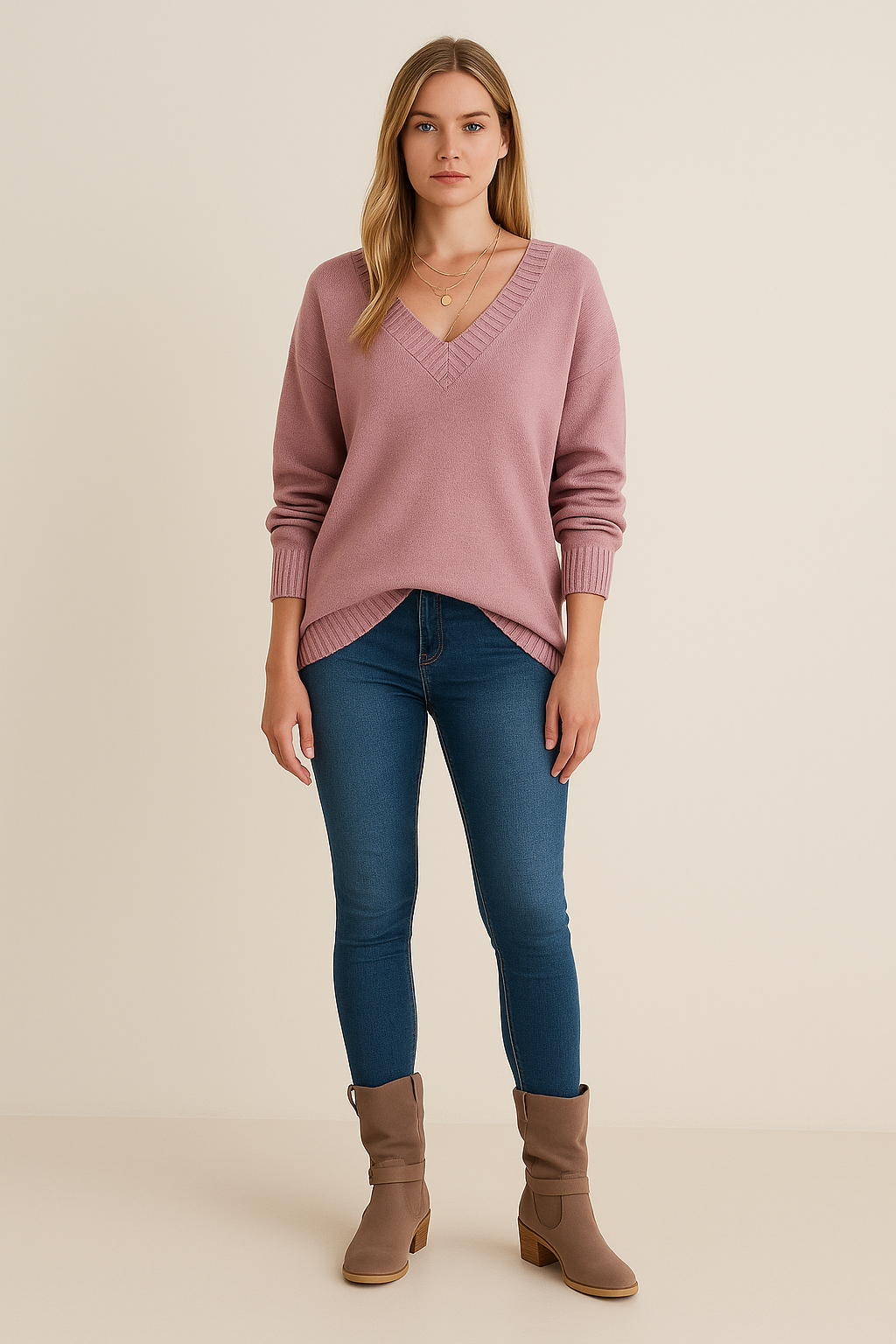 V-Neck Jumper – Textured Knit – Relaxed Fit – Long Sleeves