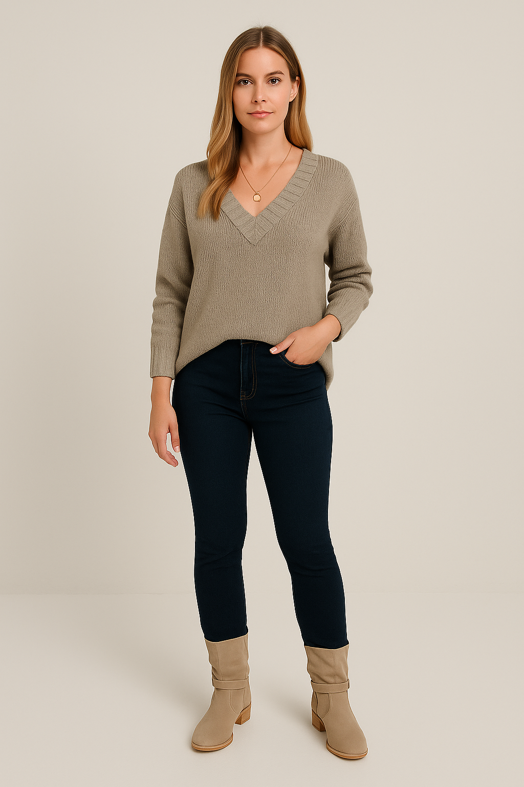 V-Neck Jumper – Textured Knit – Relaxed Fit – Long Sleeves