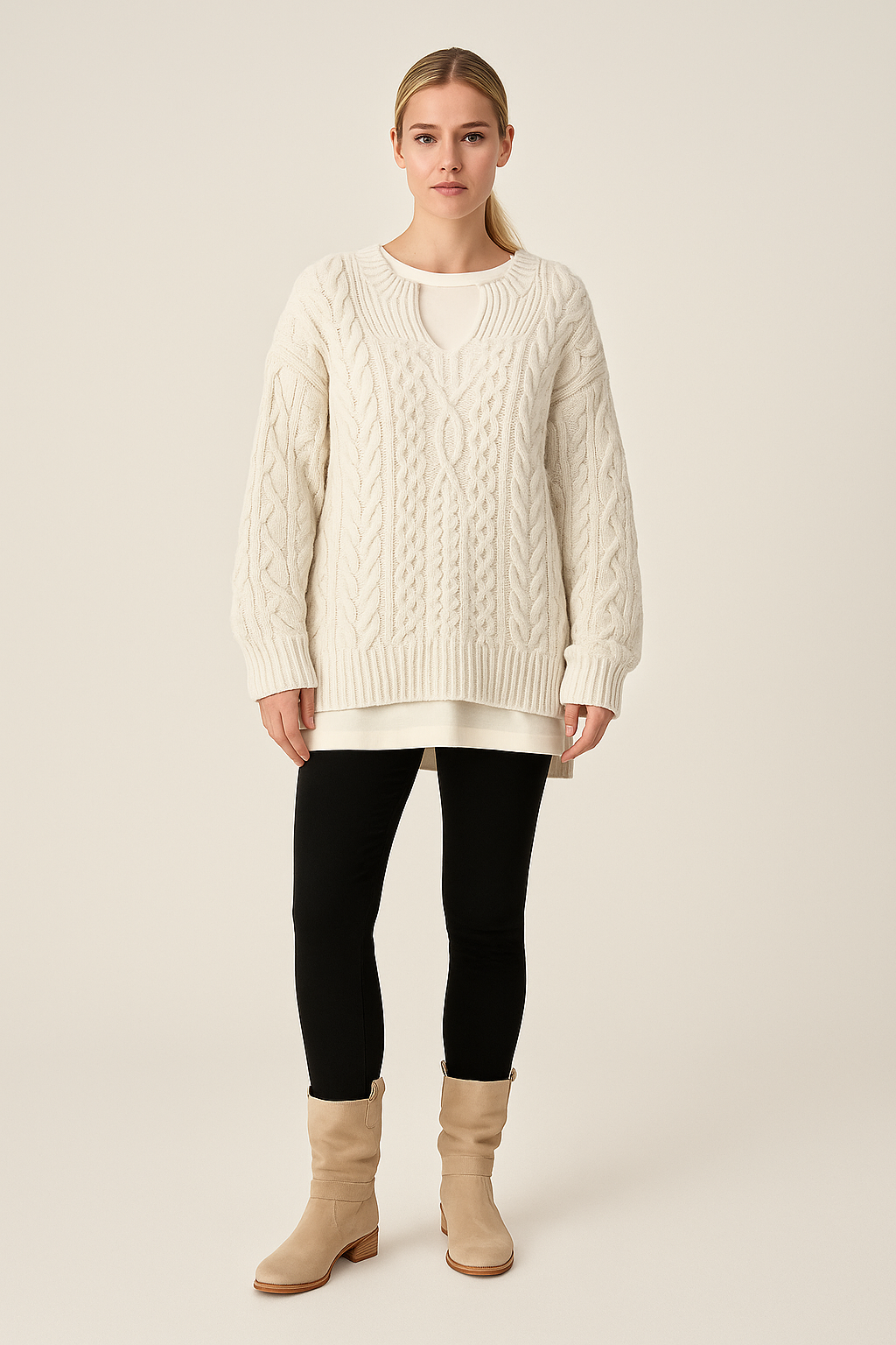 Chunky Cable Knit Jumper – Notched Neckline – Relaxed Fit – Long Sleeves