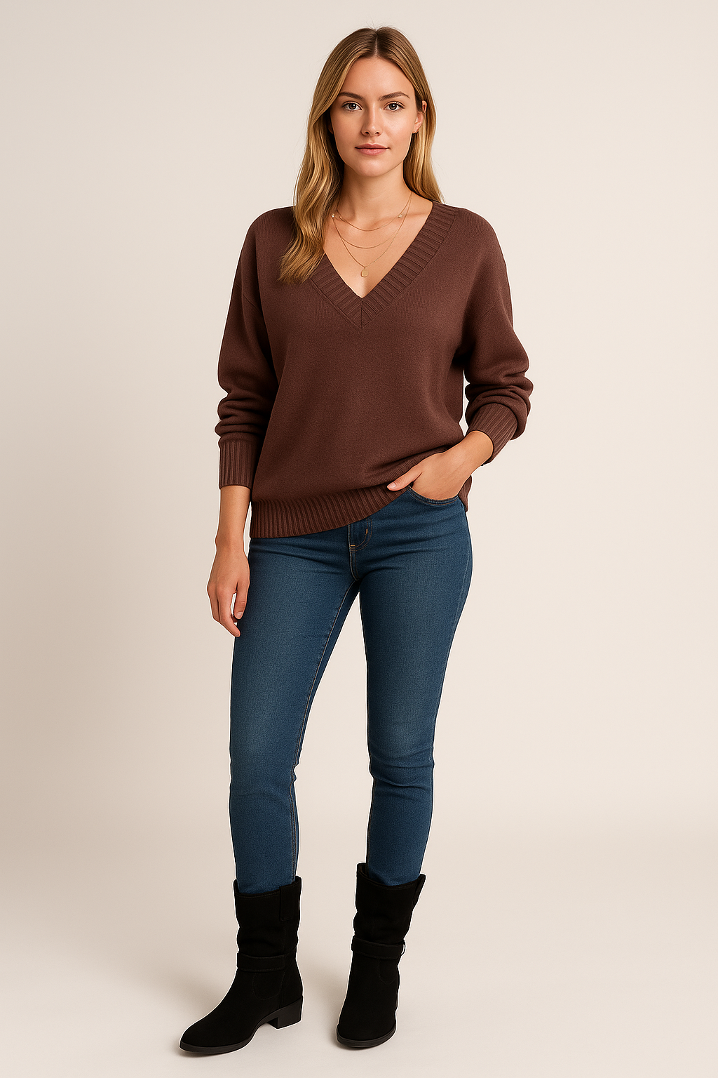 V-Neck Jumper – Textured Knit – Relaxed Fit – Long Sleeves