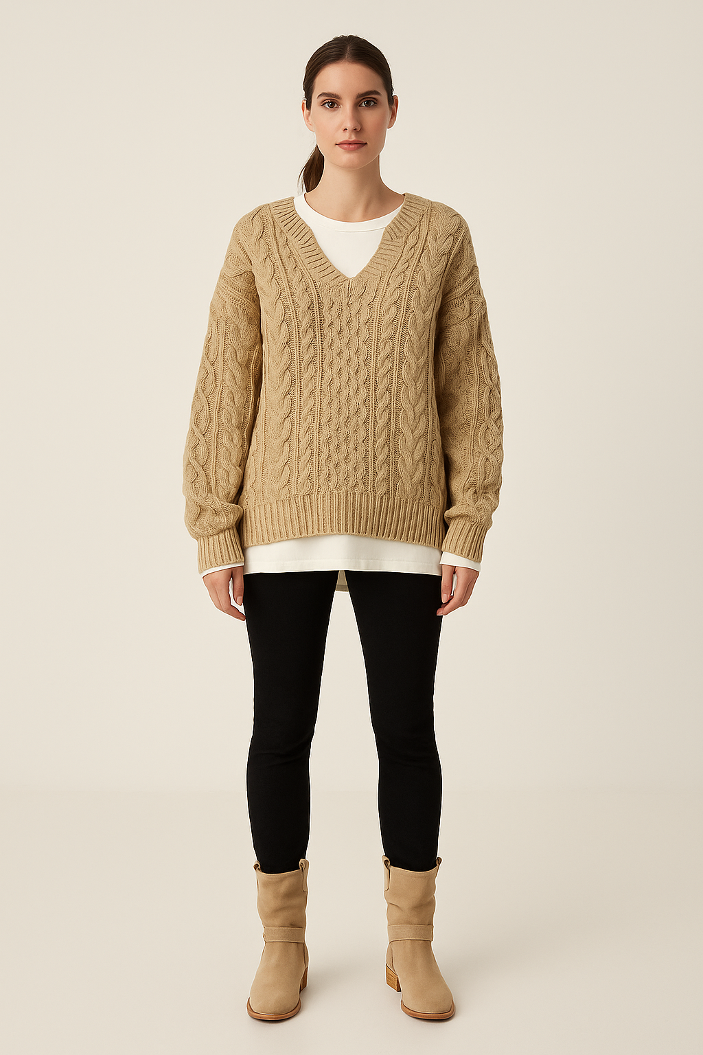 Chunky Cable Knit Jumper – Notched Neckline – Relaxed Fit – Long Sleeves