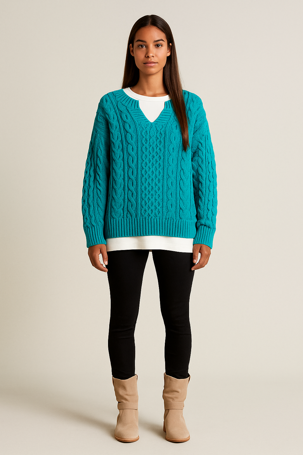 Chunky Cable Knit Jumper – Notched Neckline – Relaxed Fit – Long Sleeves