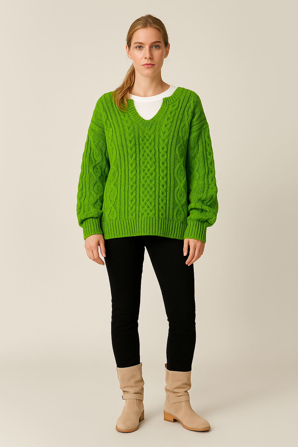 Chunky Cable Knit Jumper – Notched Neckline – Relaxed Fit – Long Sleeves