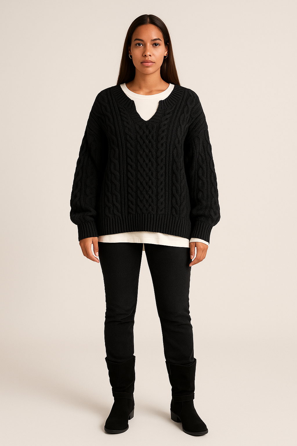 Chunky Cable Knit Jumper – Notched Neckline – Relaxed Fit – Long Sleeves
