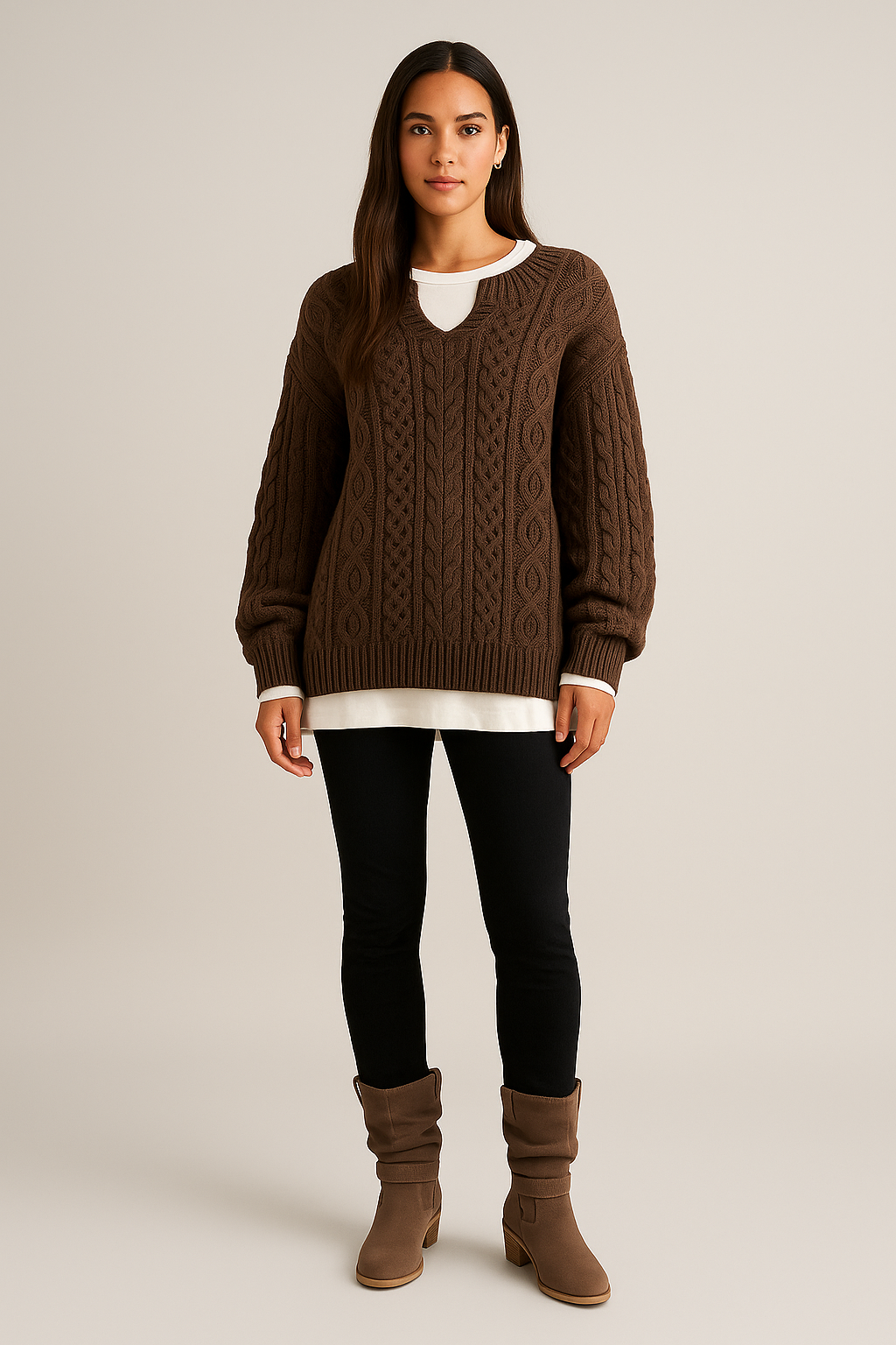 Chunky Cable Knit Jumper – Notched Neckline – Relaxed Fit – Long Sleeves