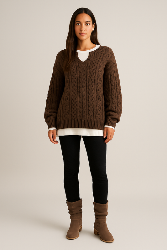 Chunky Cable Knit Jumper – Notched Neckline – Relaxed Fit – Long Sleeves