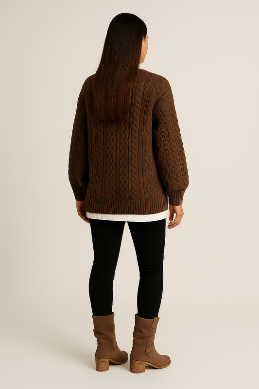 Chunky Cable Knit Jumper – Notched Neckline – Relaxed Fit – Long Sleeves