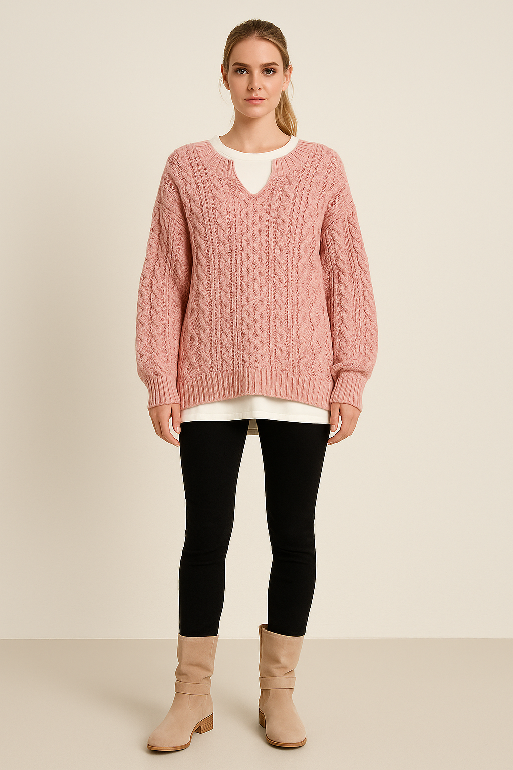 Chunky Cable Knit Jumper – Notched Neckline – Relaxed Fit – Long Sleeves