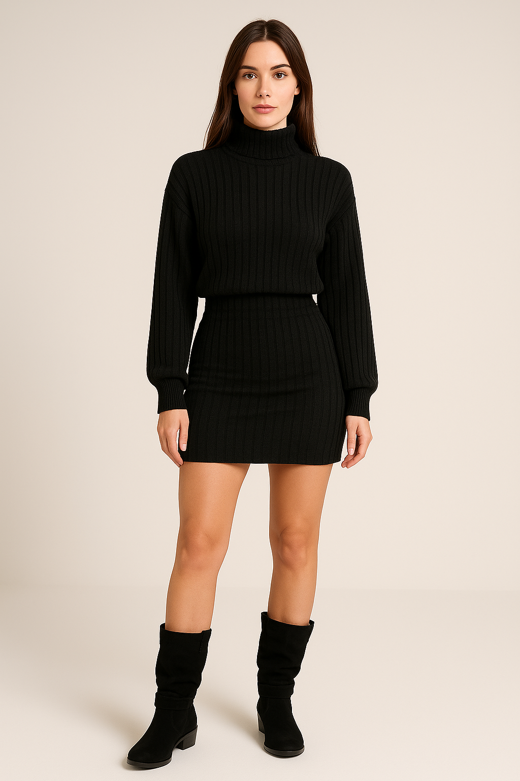 Ribbed Dress – Long Sleeve – Crew Neck – Pleated Hem – Short Length