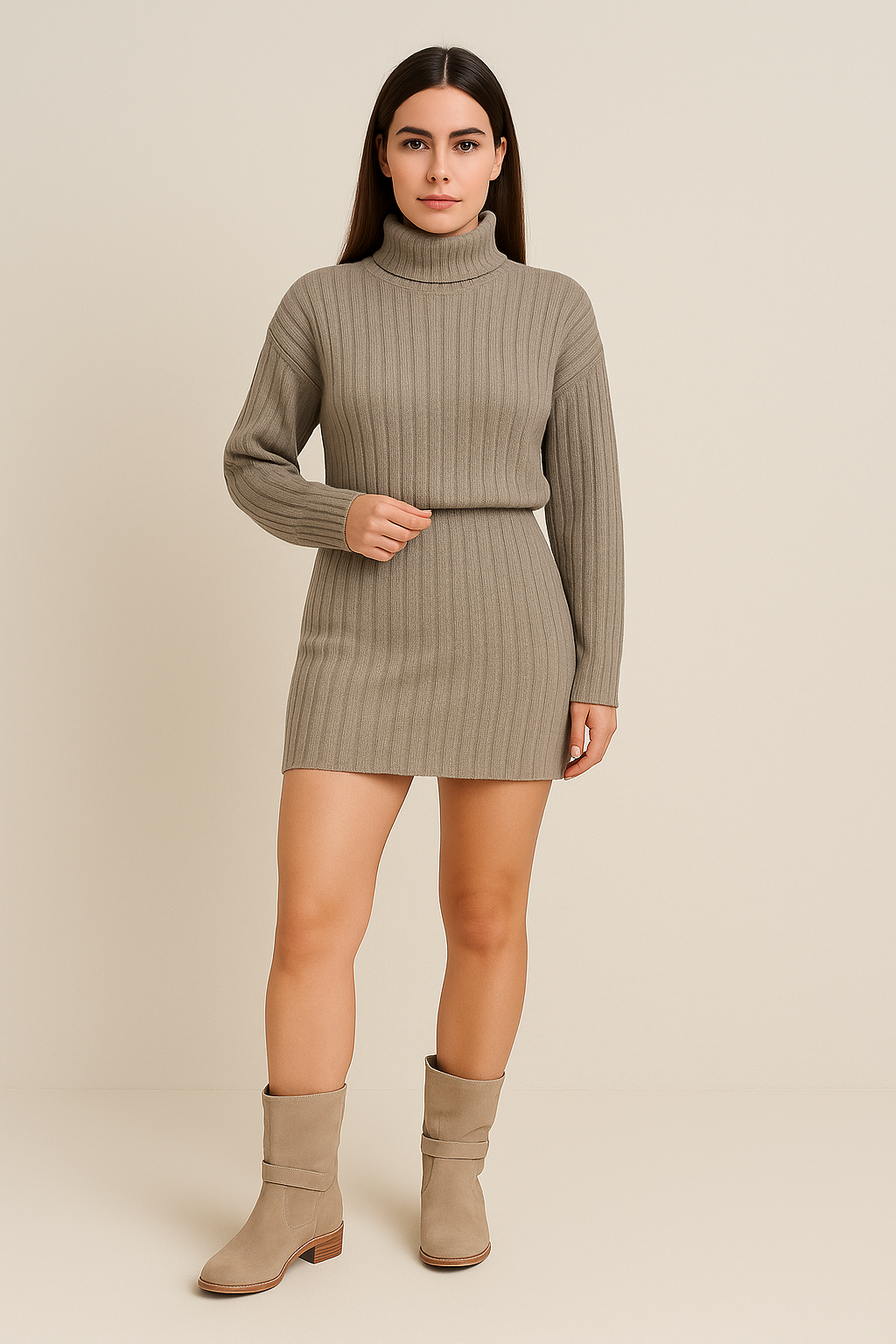 Ribbed Dress – Long Sleeve – Crew Neck – Pleated Hem – Short Length