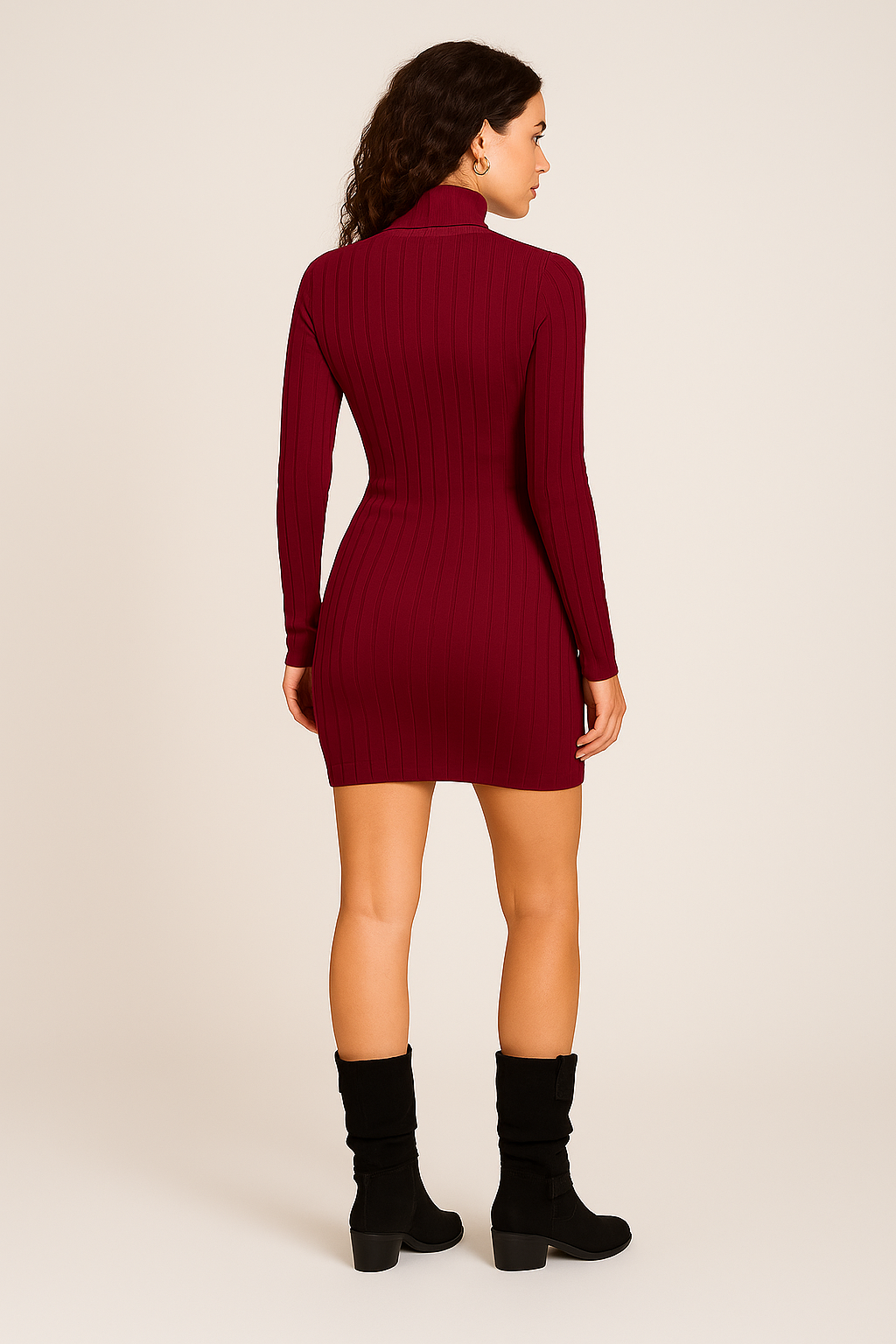 Ribbed Dress – Stand Collar – Long Sleeve – Slim Fit – Short Length