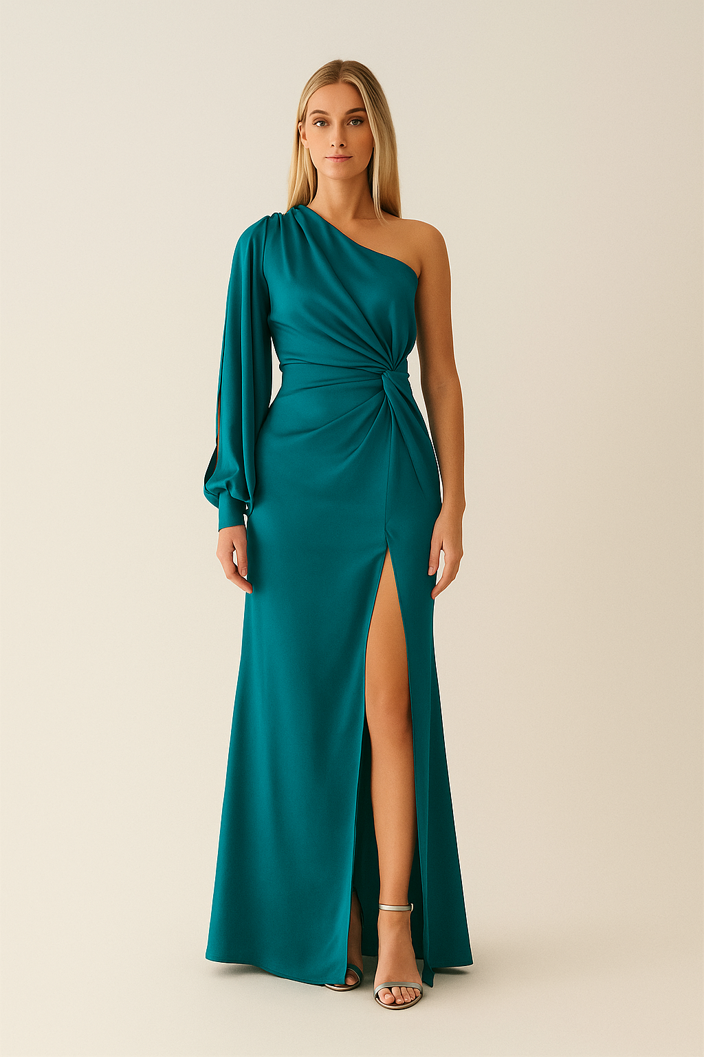 One-Shoulder Maxi Dress – Knot Waist – Side Slit – Long Sleeve – Slim Fit