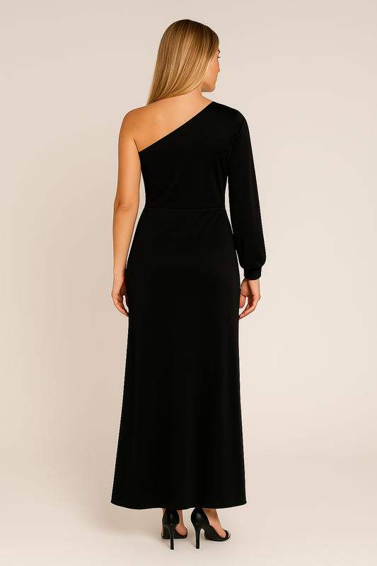 One-Shoulder Maxi Dress – Knot Waist – Side Slit – Long Sleeve – Slim Fit