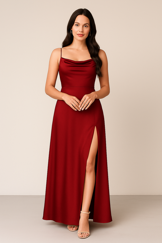 Evening Maxi Dress – Spaghetti Straps – High Slit – Flowy Skirt – Formal Fit