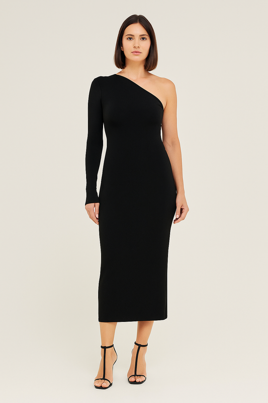 Midi Dress – Asymmetrical Neck – Cold Shoulder – Slim Fit