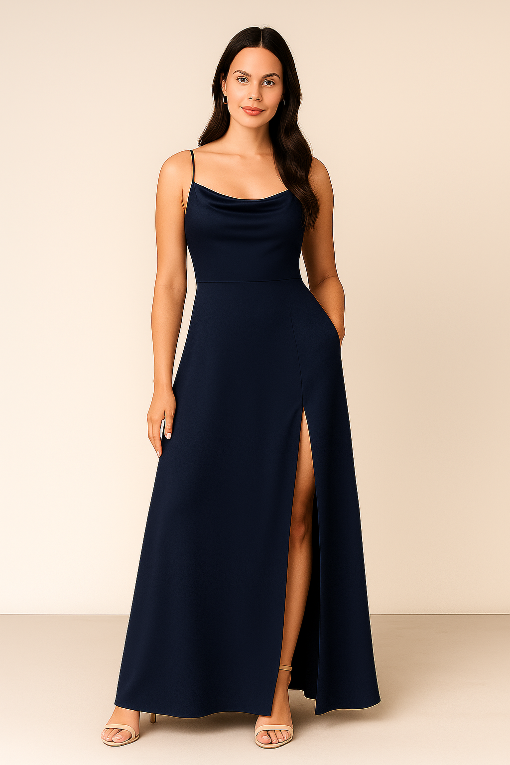 Evening Maxi Dress – Spaghetti Straps – High Slit – Flowy Skirt – Formal Fit