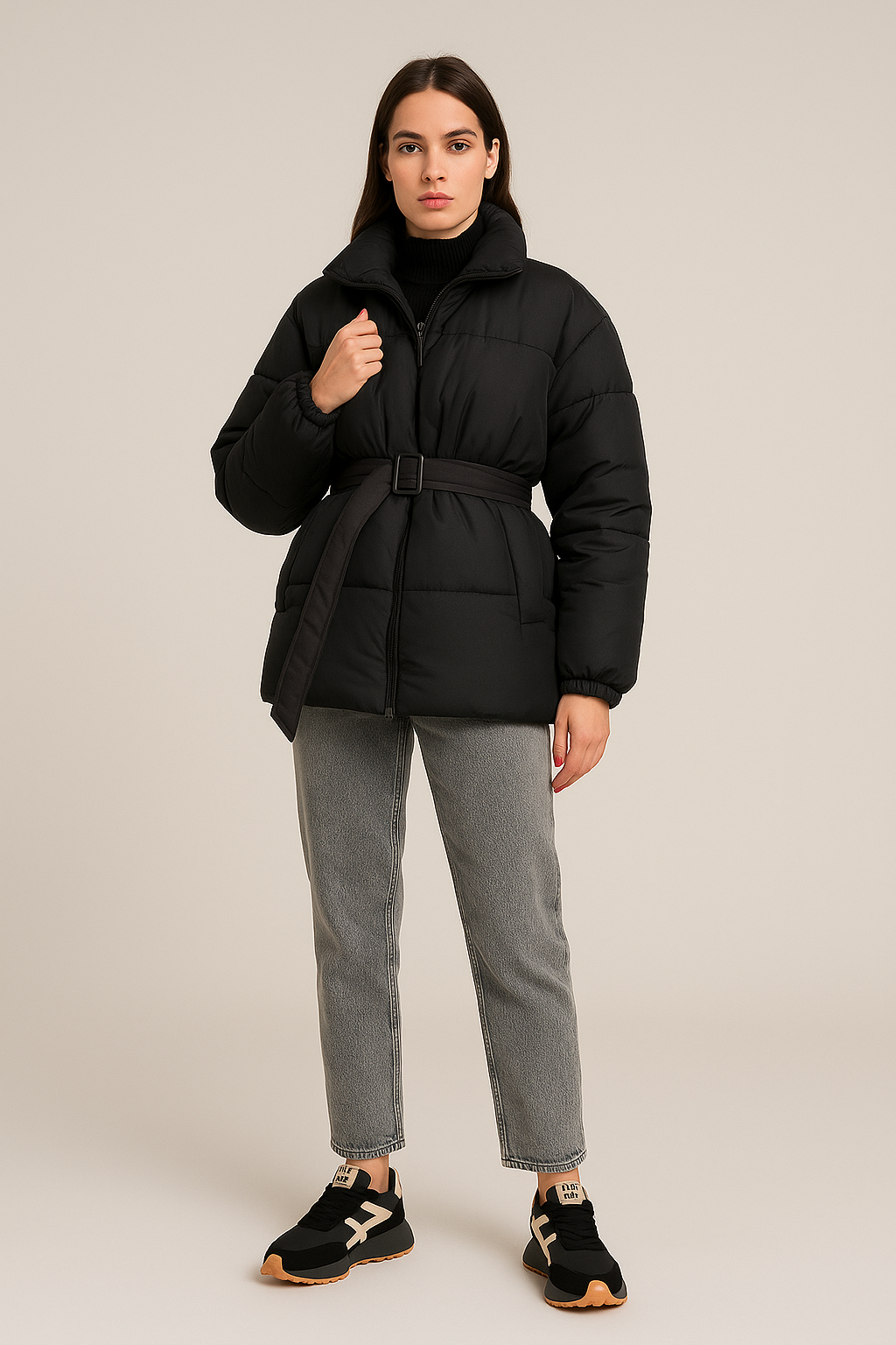 Padded Winter Jacket – Oversized Collar – Adjustable Belt – Relaxed Fit