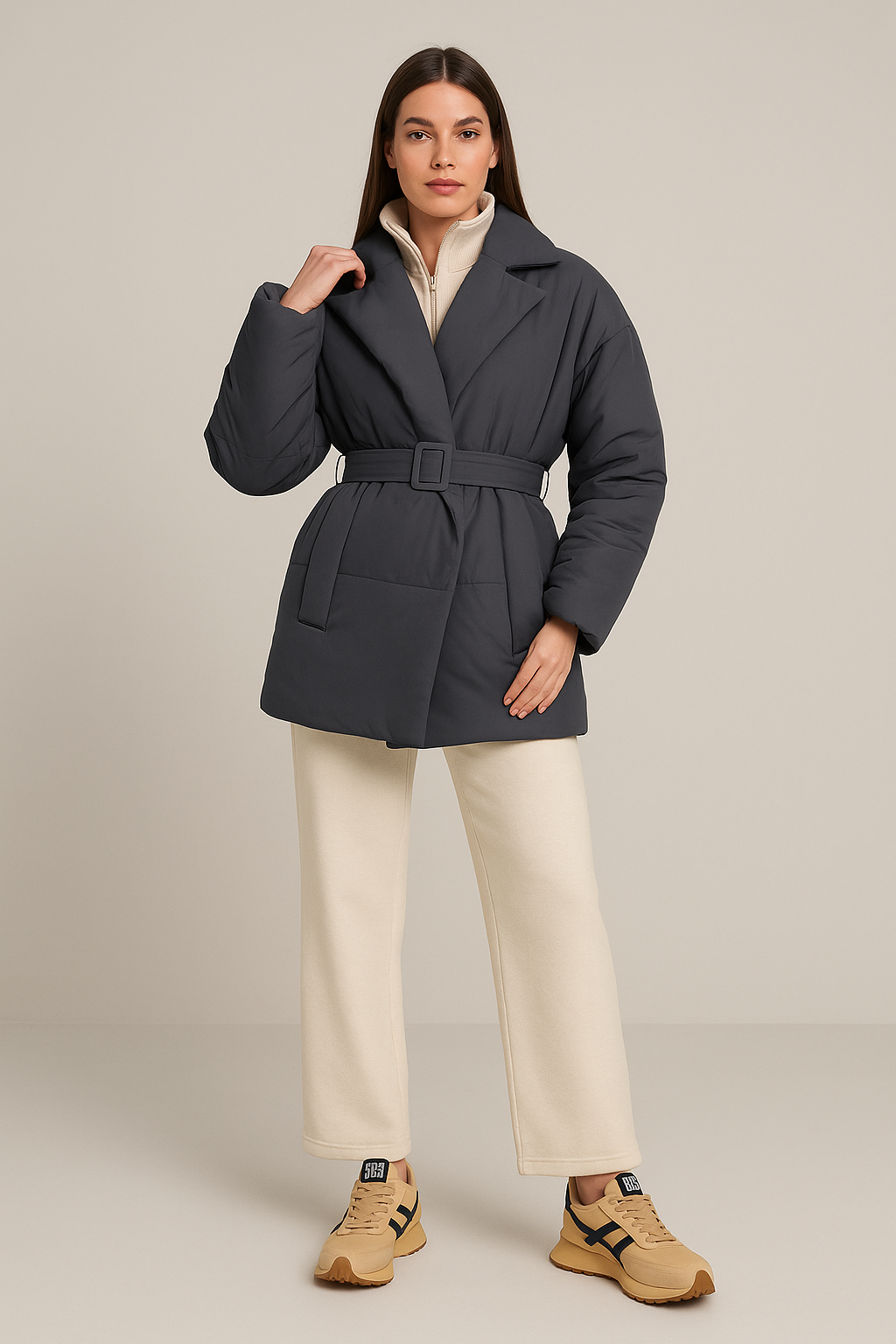 Padded Winter Jacket – Oversized Collar – Adjustable Belt – Relaxed Fit