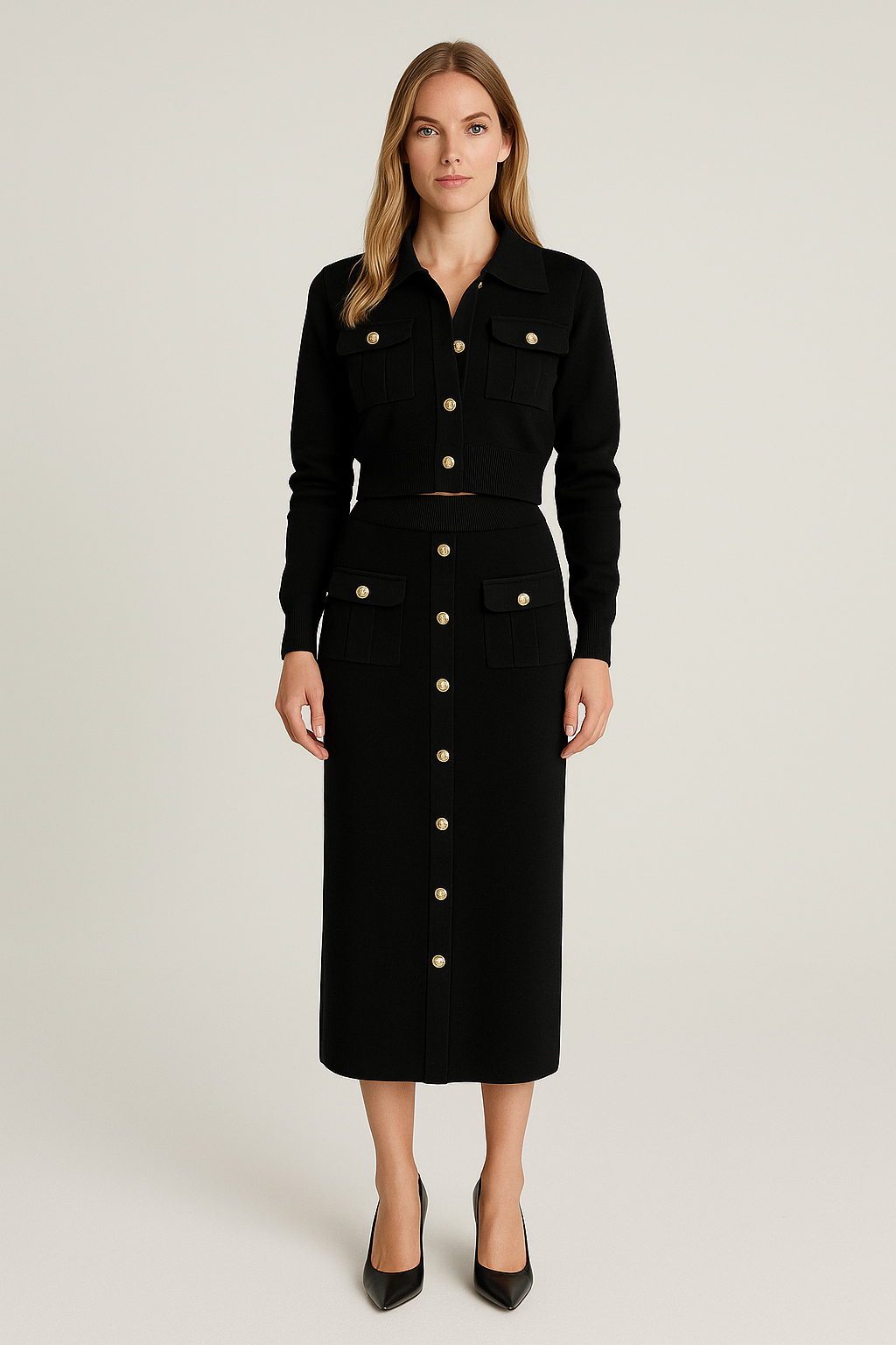 Cardigan & Skirt Set – Collared – Metal Buttons – Midi Skirt – Regular Fit