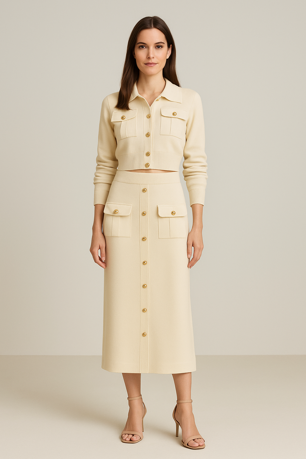Cardigan & Skirt Set – Collared – Metal Buttons – Midi Skirt – Regular Fit