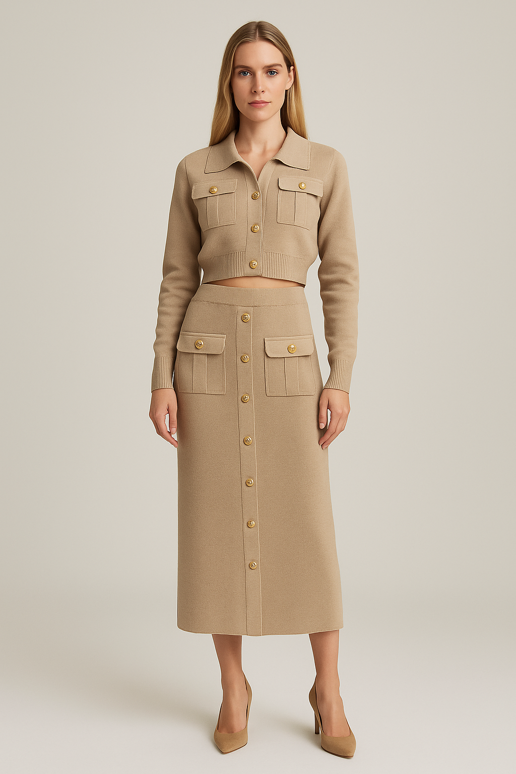 Cardigan & Skirt Set – Collared – Metal Buttons – Midi Skirt – Regular Fit