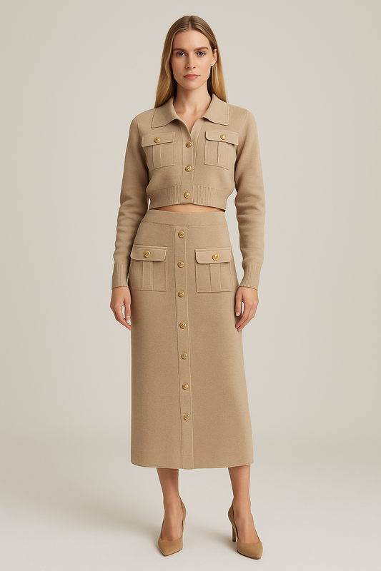 Cardigan & Skirt Set – Collared – Metal Buttons – Midi Skirt – Regular Fit