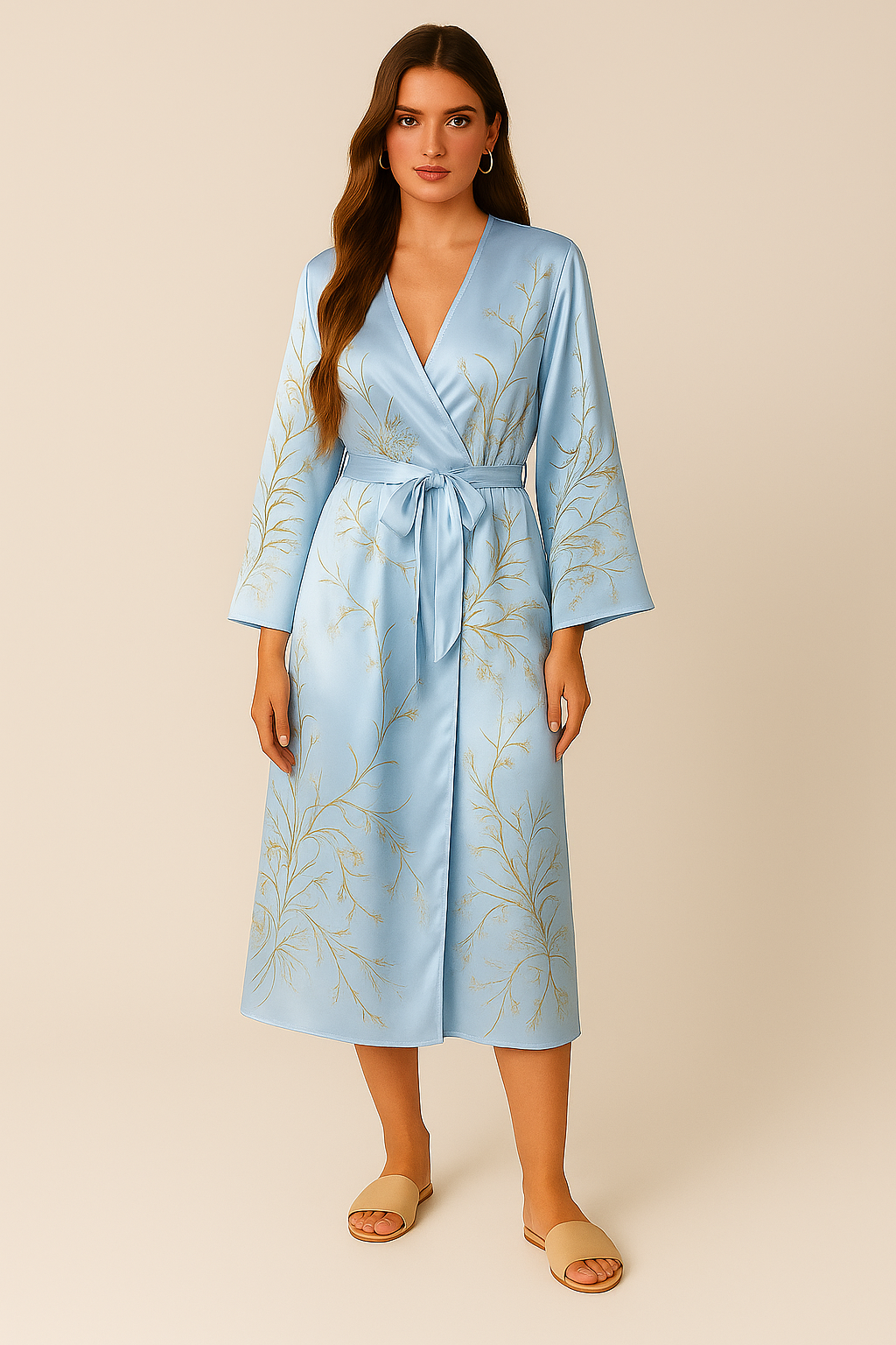Dressing Gown – Wrap Fit – Waist Tie – Long Sleeves – Floral Print