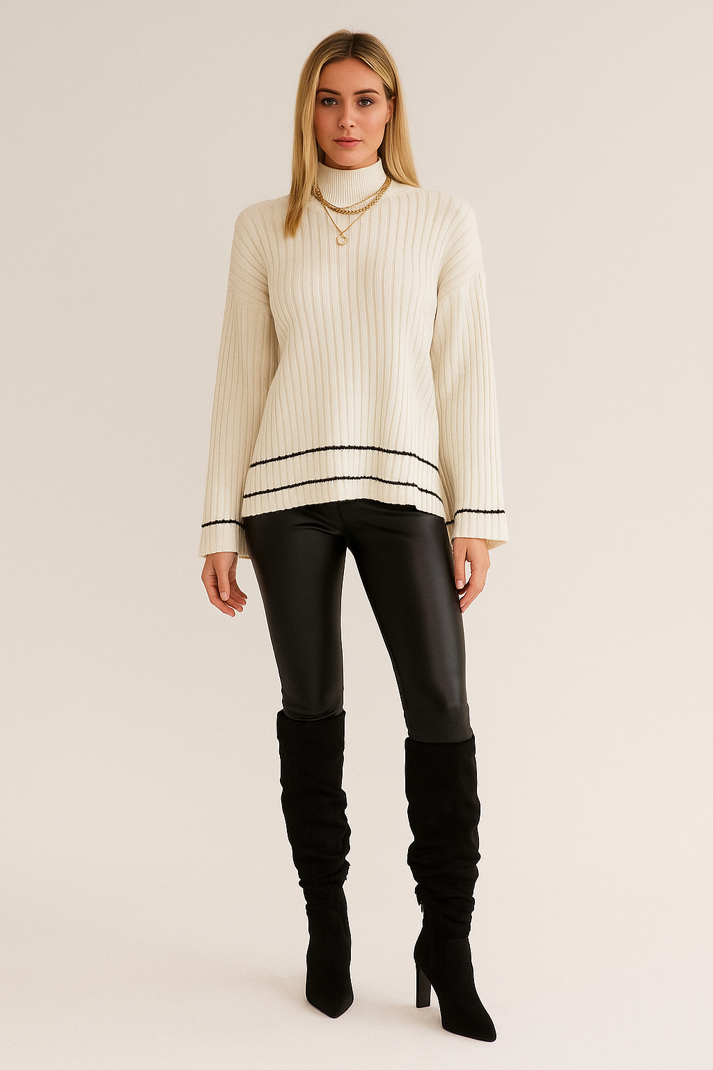 Turtleneck Ribbed Sweater – Flared Sleeves – Side Slits
