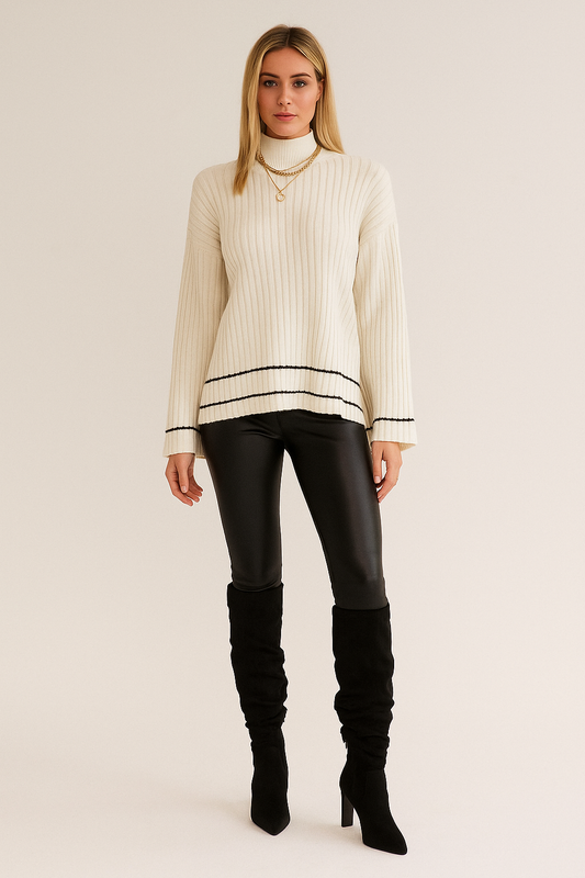Turtleneck Ribbed Sweater – Flared Sleeves – Side Slits