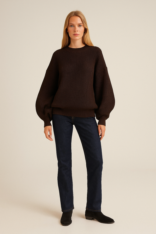 Oversized Balloon Sleeve Sweater – Ribbed Knit – Crew Neck