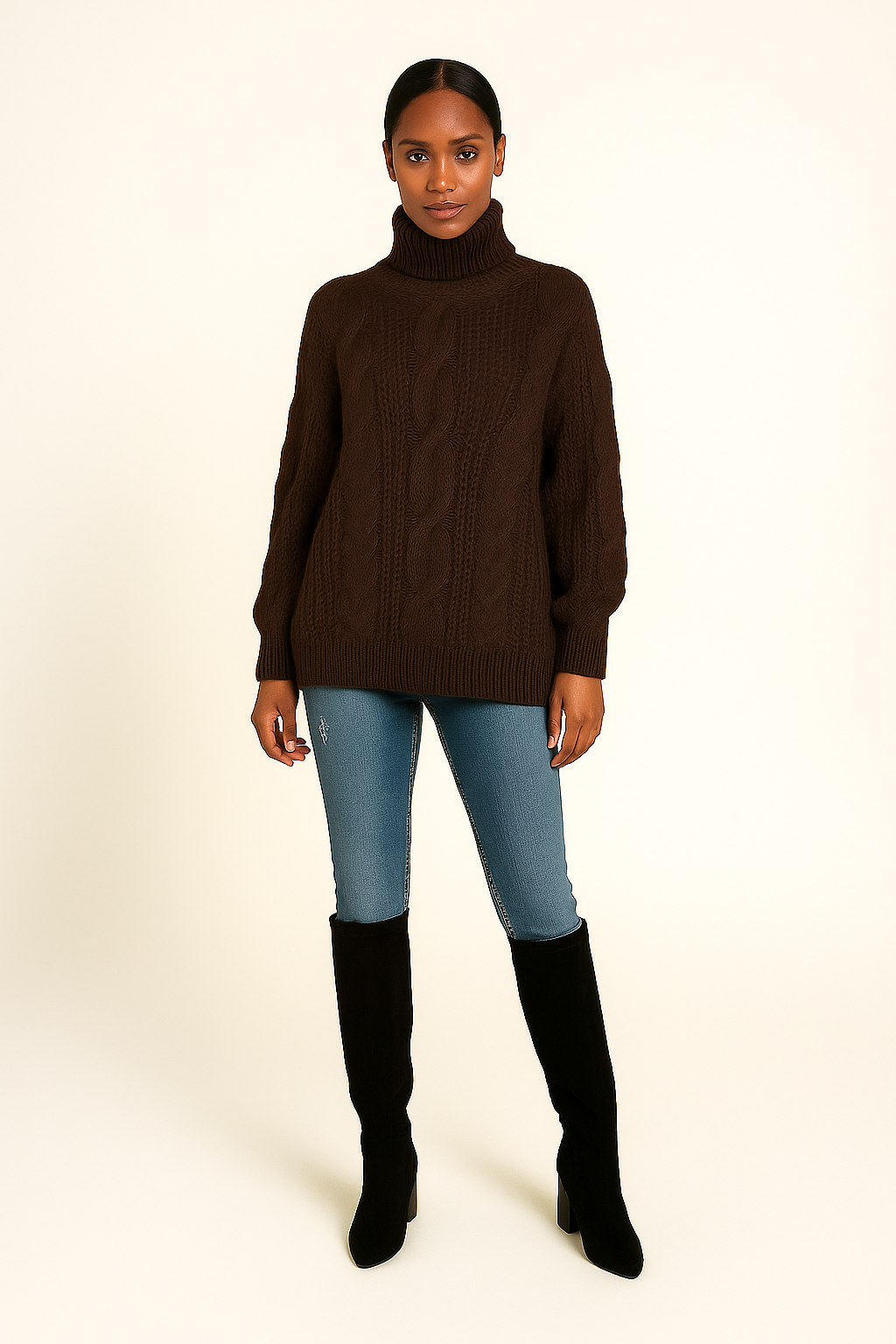 Oversized Turtleneck Sweater – Chunky Cable Knit – Drop Shoulder – Relaxed Fit