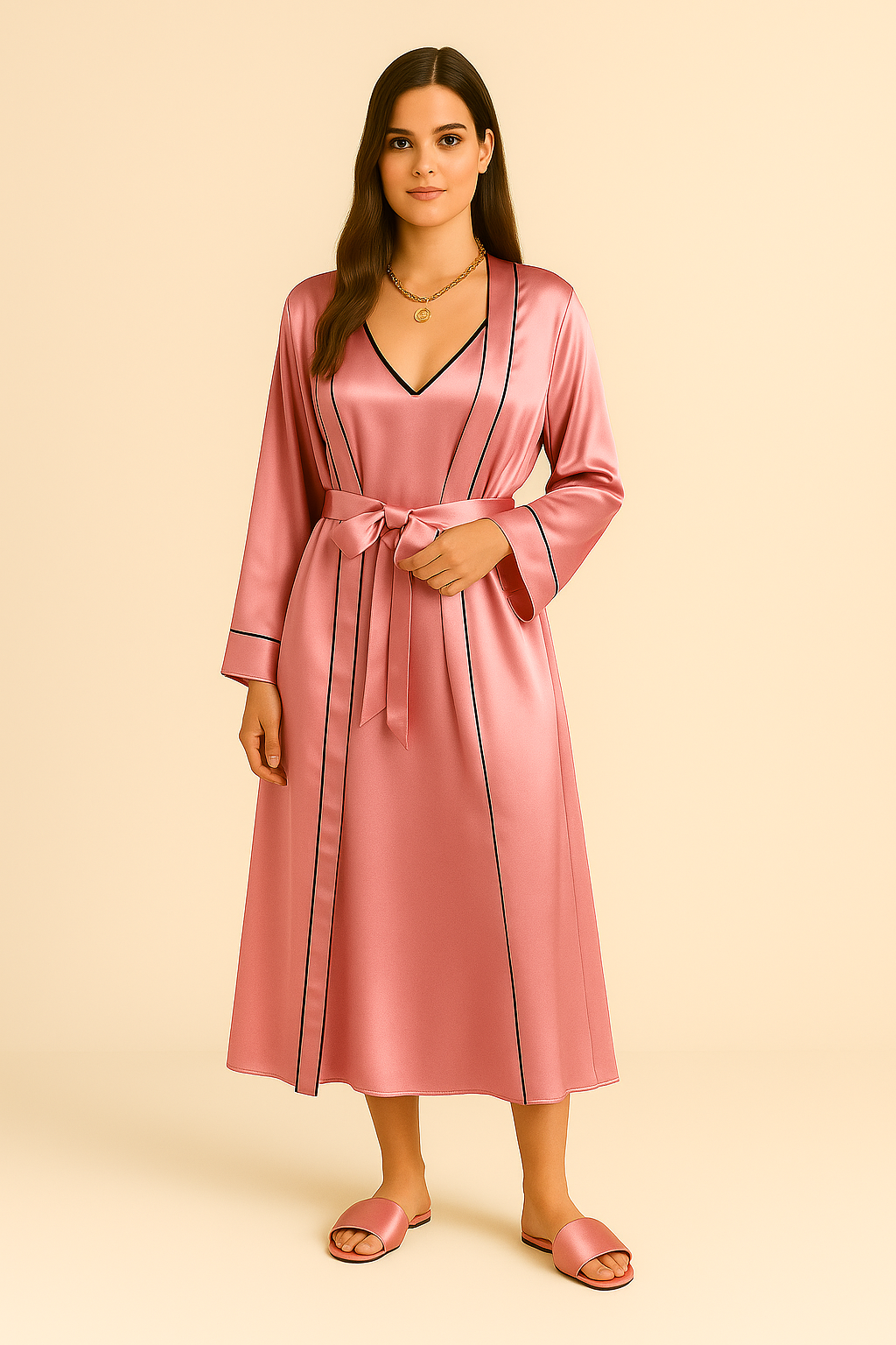 2-Piece Pyjama Set – Robe & Slip Dress – Long Sleeve – Elegant Loungewear