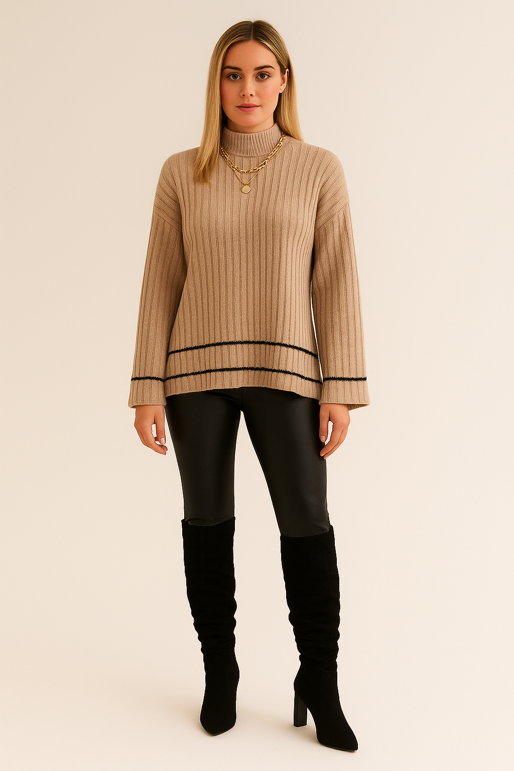Turtleneck Ribbed Sweater – Flared Sleeves – Side Slits