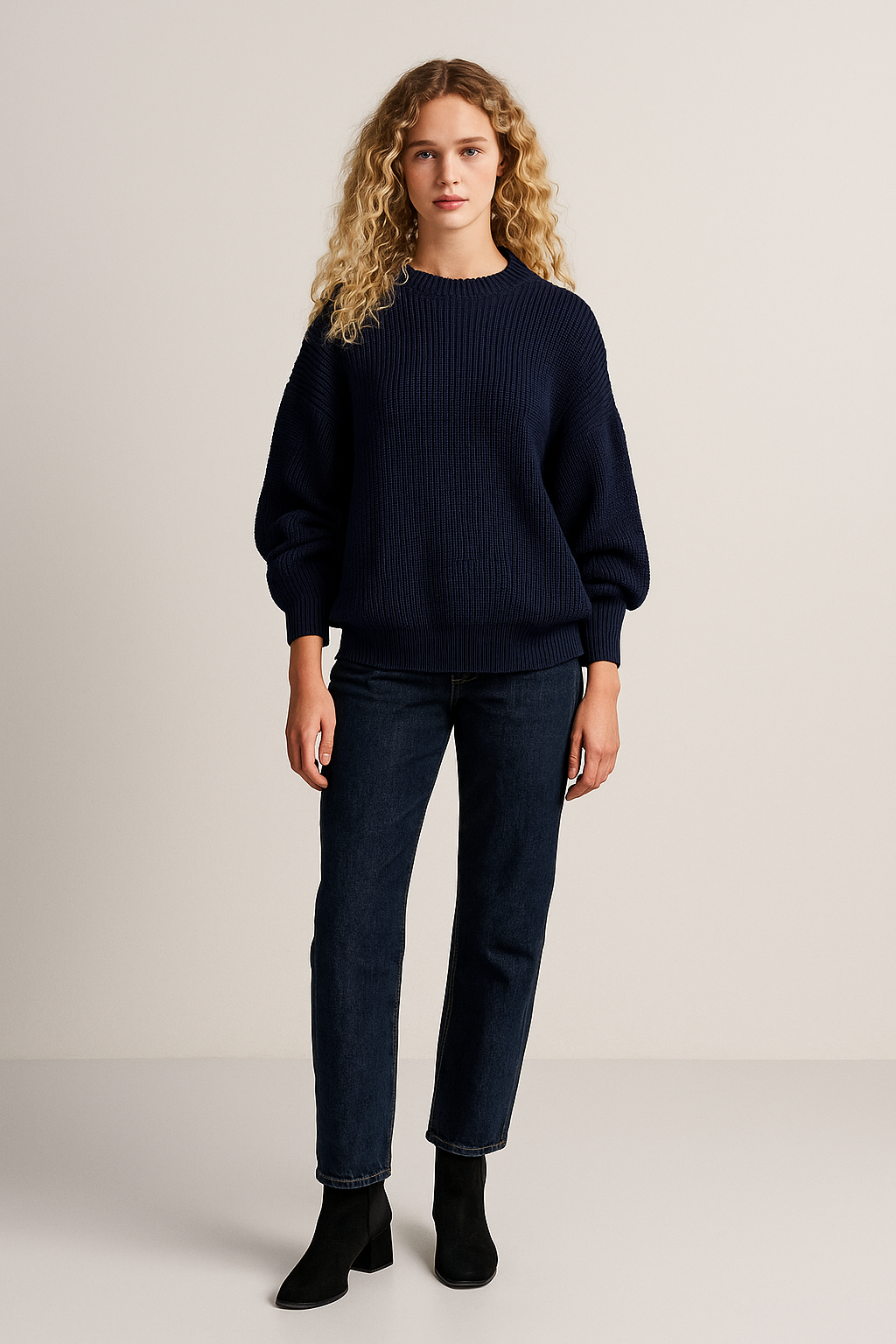 Oversized Balloon Sleeve Sweater – Ribbed Knit – Crew Neck