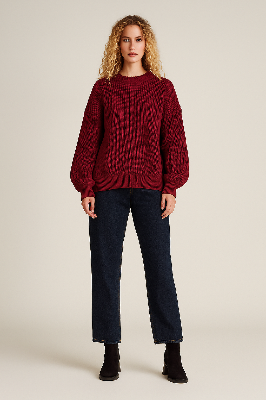 Oversized Balloon Sleeve Sweater – Ribbed Knit – Crew Neck