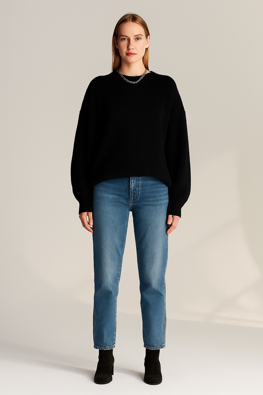 Oversized Balloon Sleeve Sweater – Ribbed Knit – Crew Neck