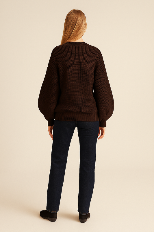 Oversized Balloon Sleeve Sweater – Ribbed Knit – Crew Neck
